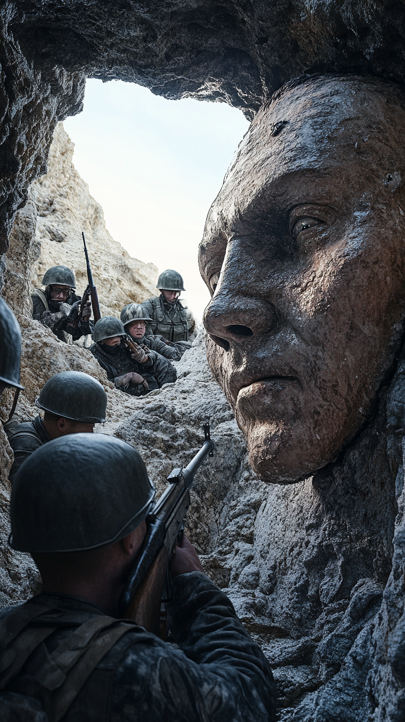 Soldiers react to sniper shooting decoy dummy head.