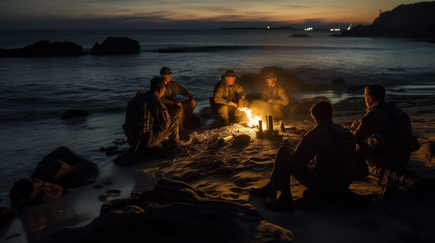 Soldiers relaxing by campfire after successful mission, bonding together.