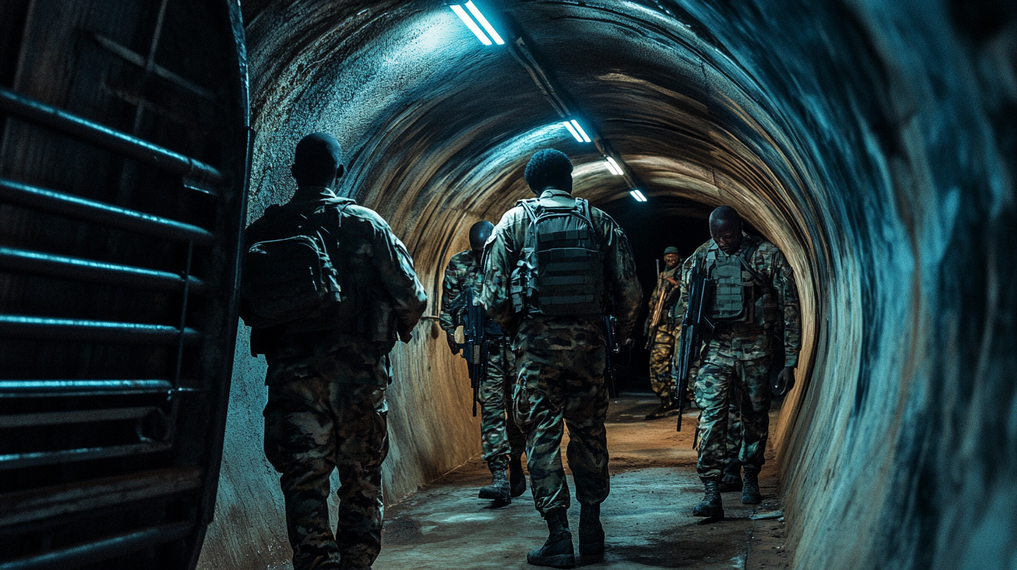 Soldiers training in bunker, dark cinematic style