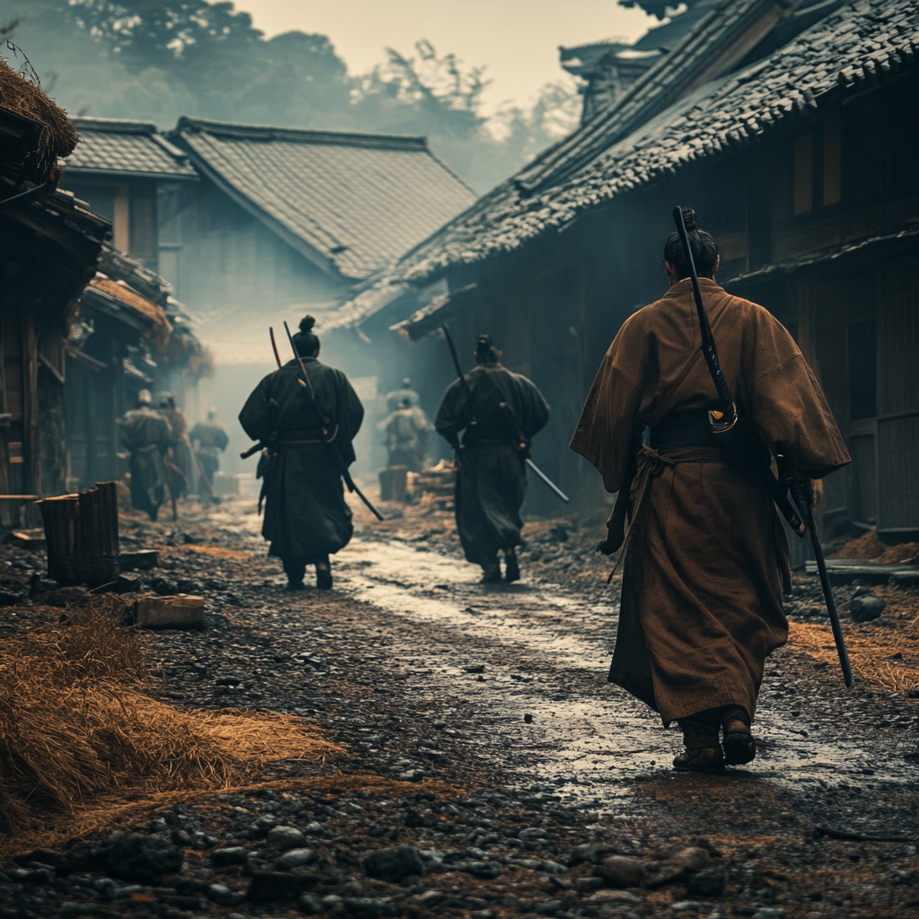 Soldiers training in robes in village, action shot.