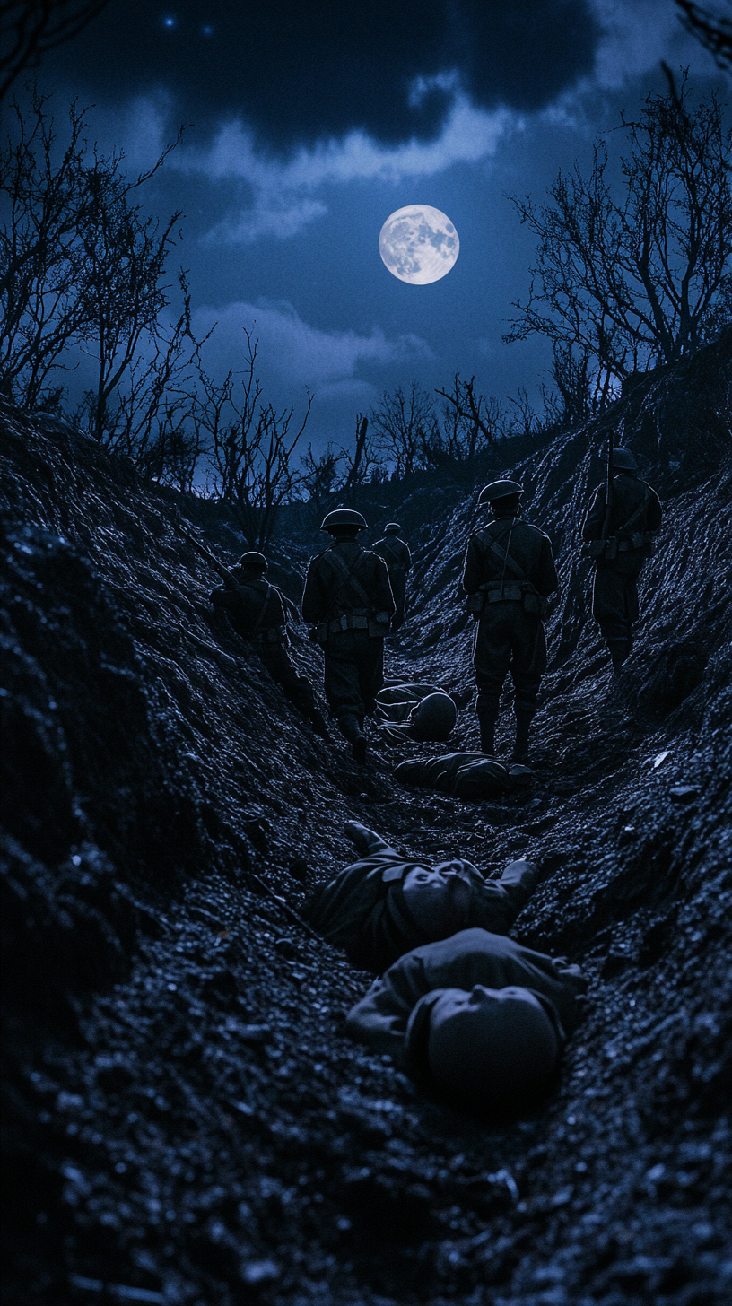 Soldiers using dummy heads in World War I trench.