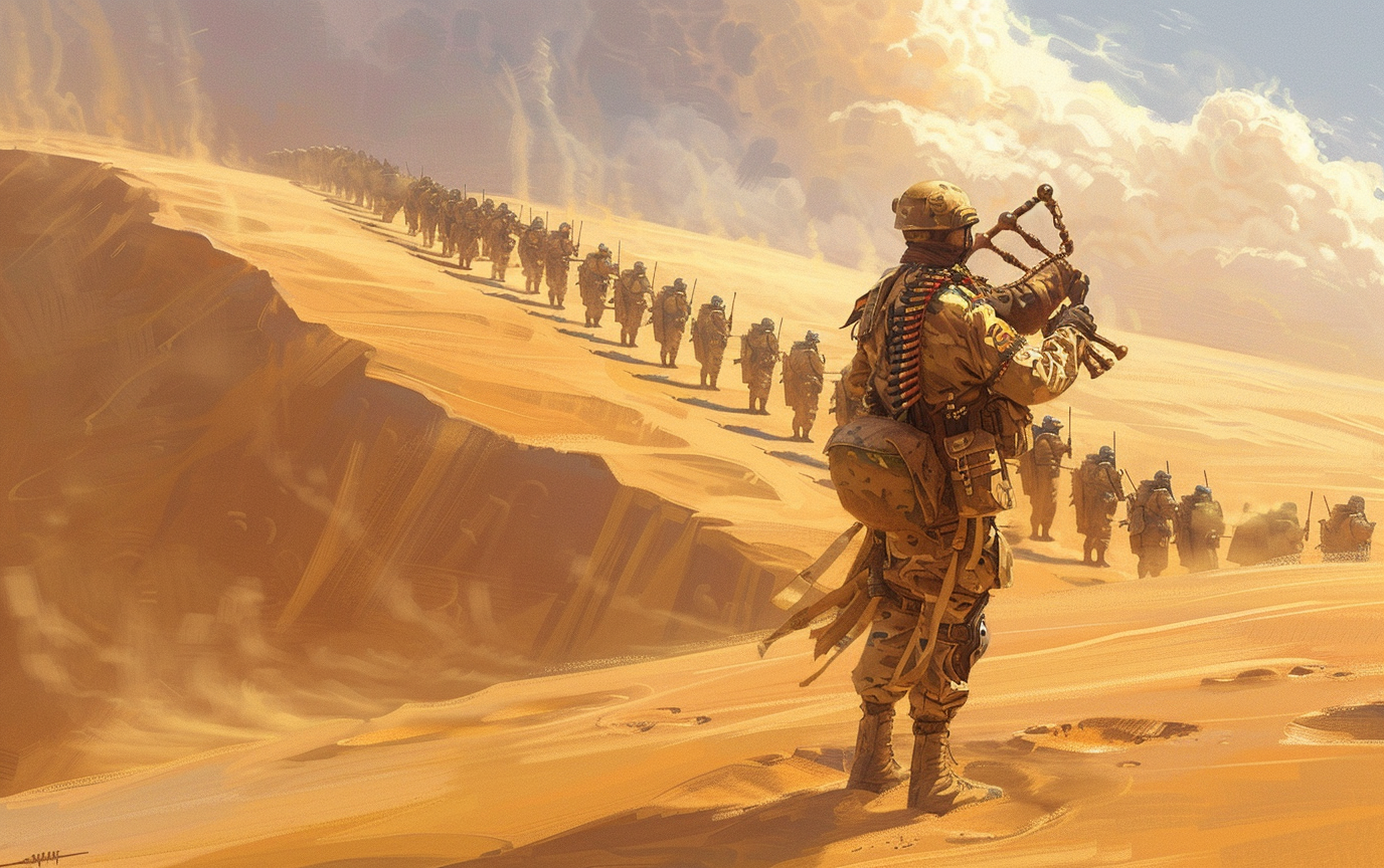 Soldiers watch man play bagpipes in desert sand.