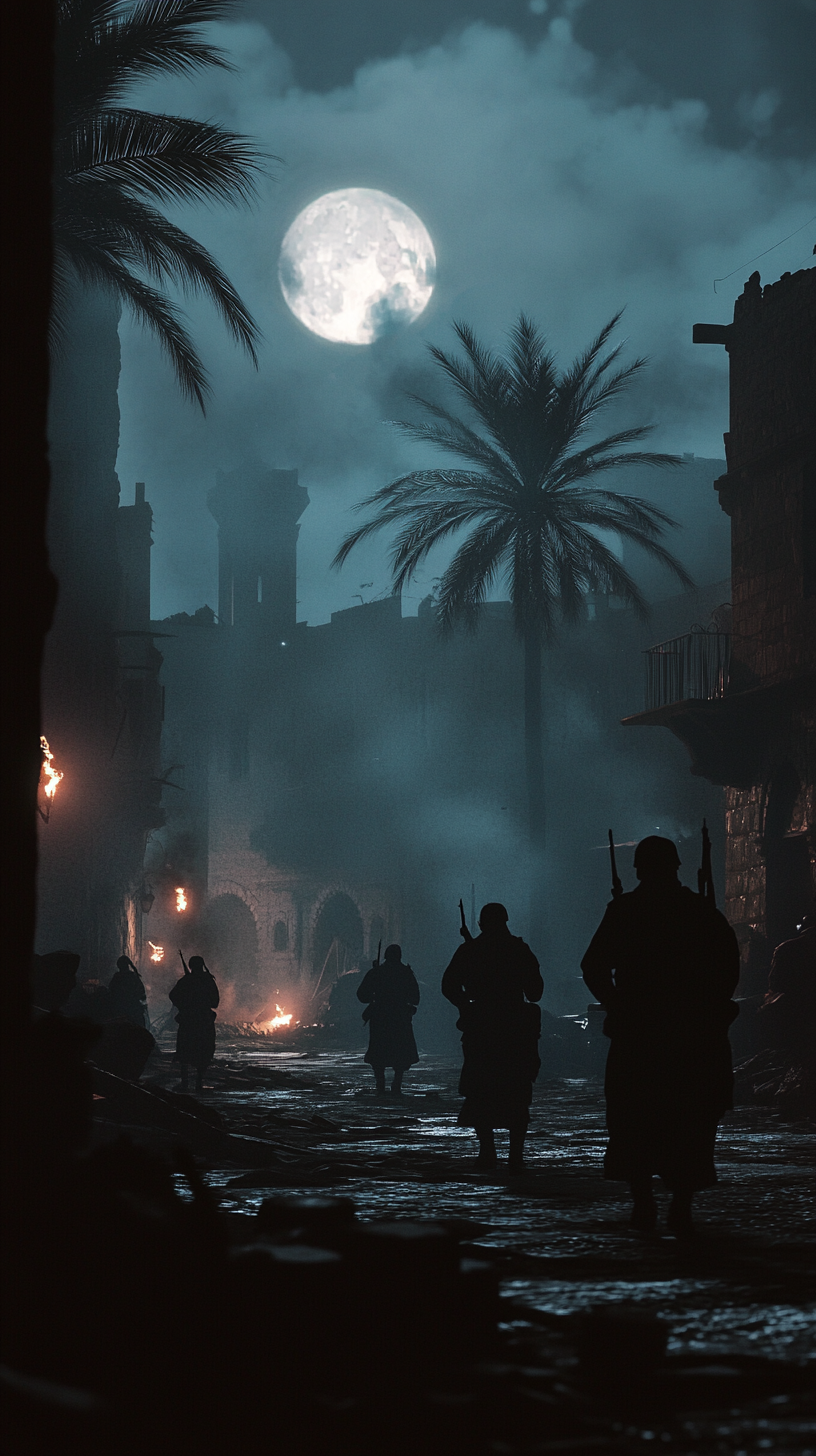 Soldiers with torches in moonlit street, palm tree shadows.