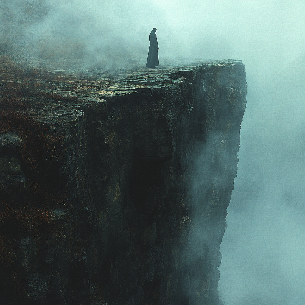 Solemn figure on cliff facing misty abyss.