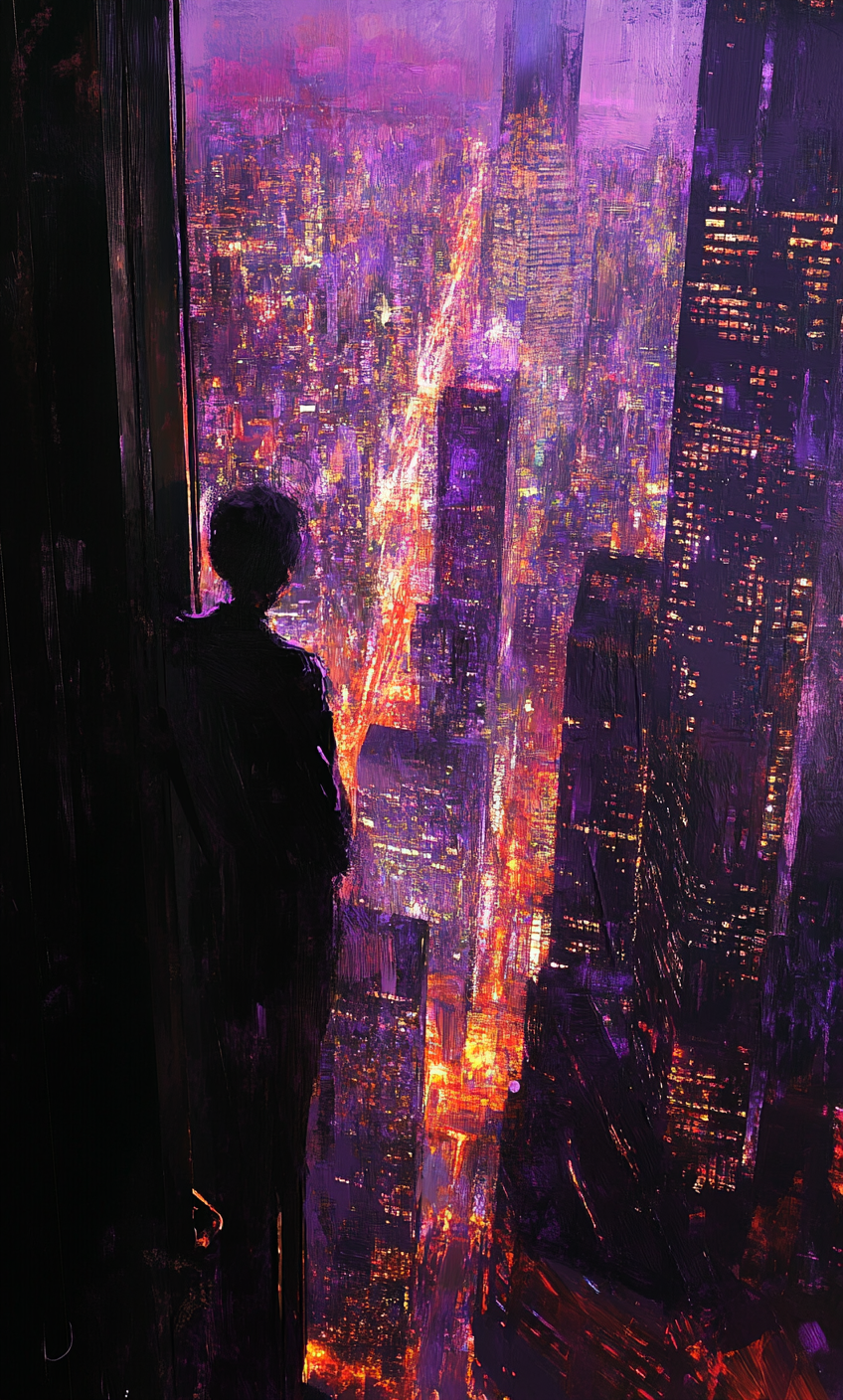 Solitary Figure Contemplates Vibrant City Below