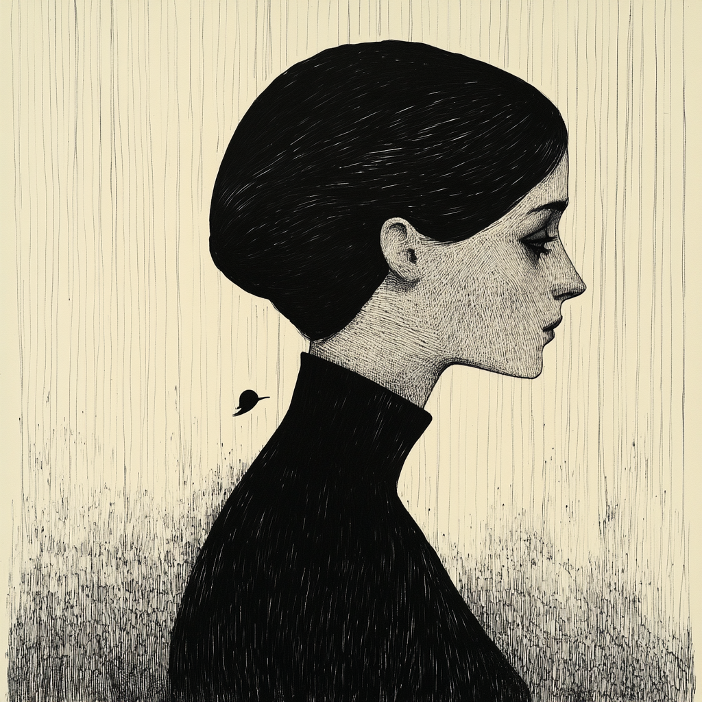 Solitary Woman in Edward Gorey Style: Minimalist and Eerie