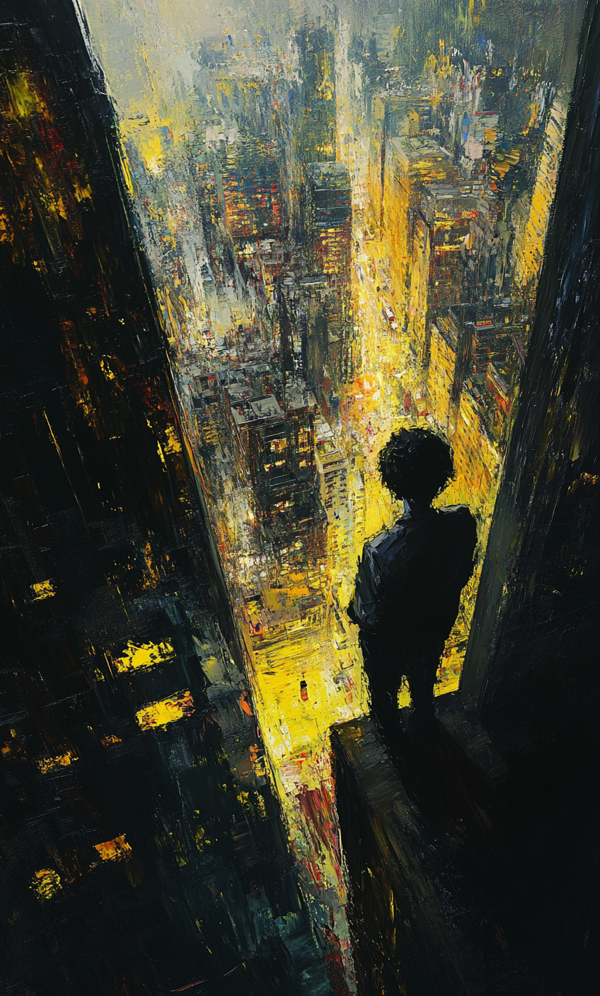 Solitary figure gazes down at busy cityscape.