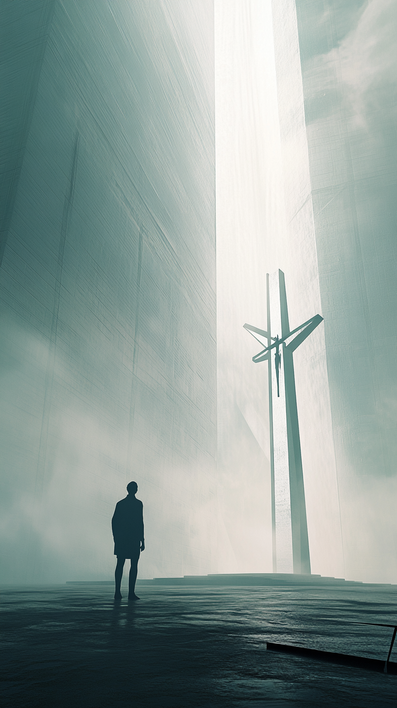 Solitary figure looking up at futuristic church cross, contemplating.