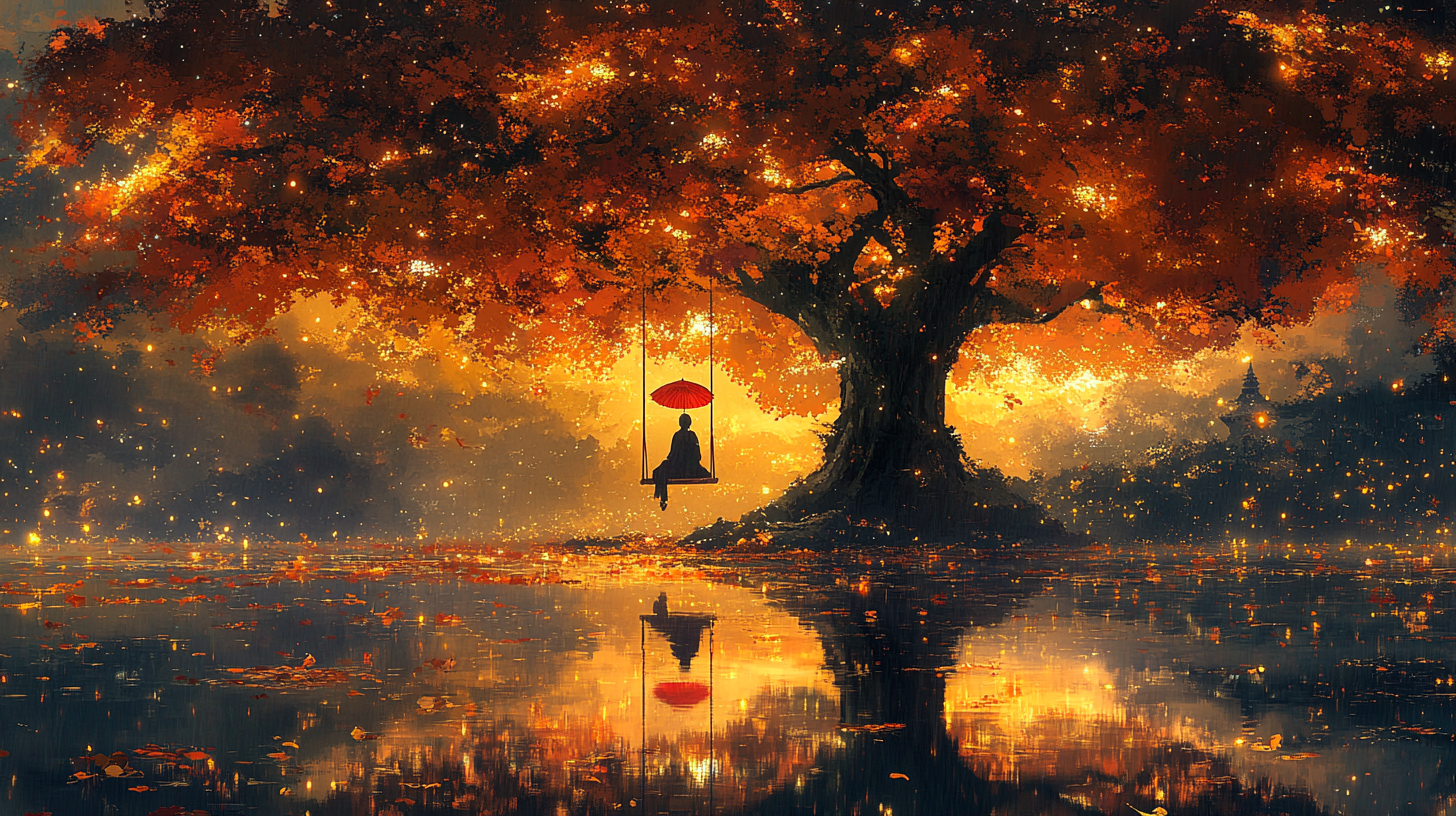 Solitary figure swings under a mystical sky, reflecting leaves.