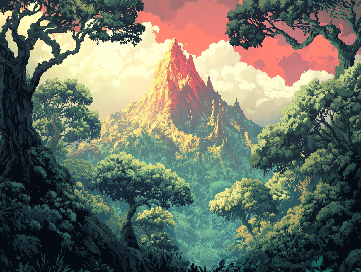 Solitary red mountain in mystical forest setting