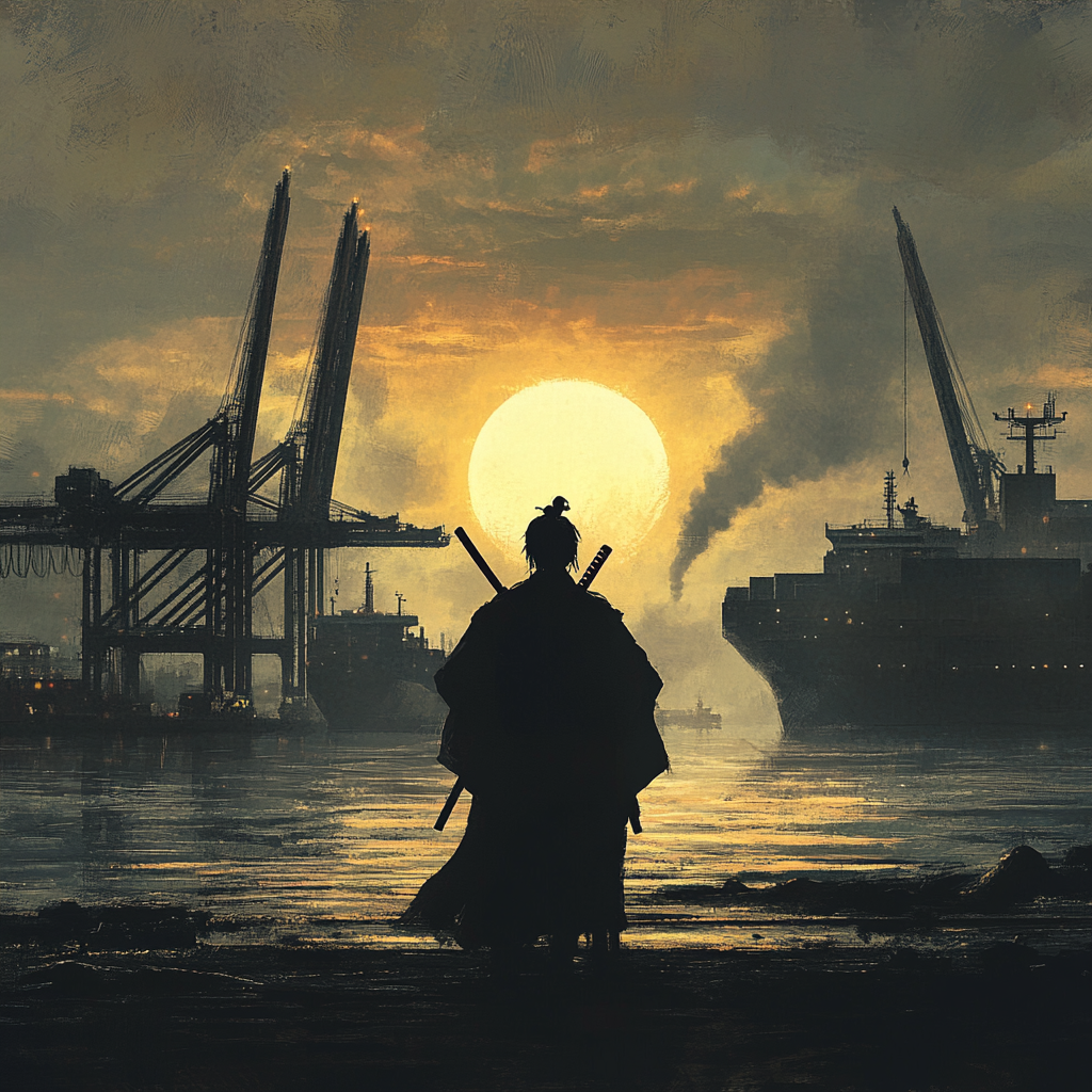 Solitary samurai overlooking bustling port as sun sets.