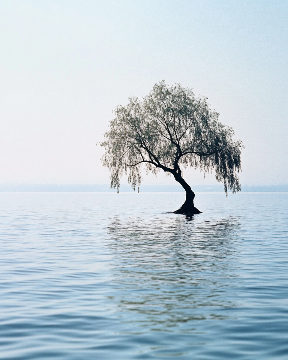 Solitary tree in vast lake, gentle sun backlighting.