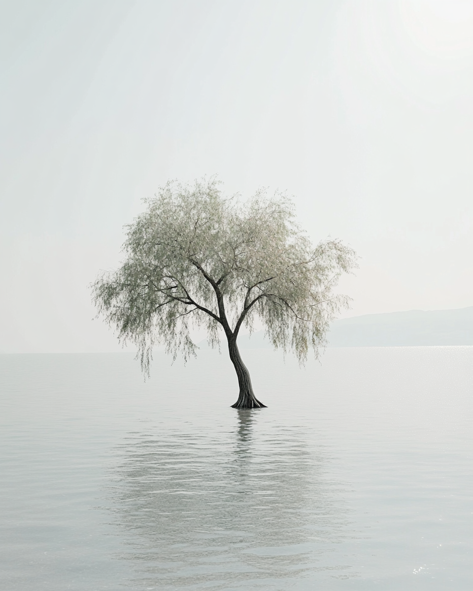 Solitary tree on lake, sun flares, high-res film effect.