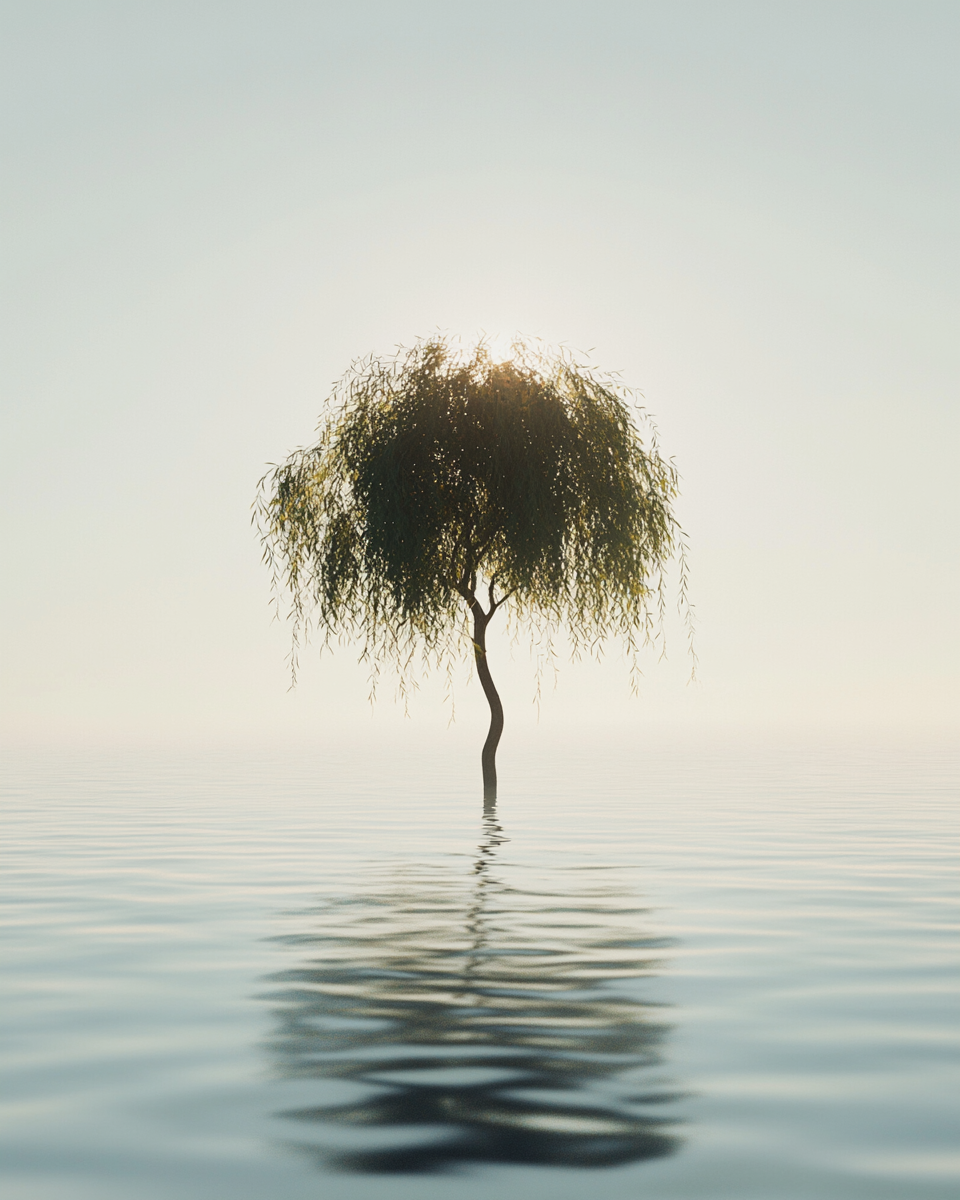 Solitary tree on vast lake, film photography effect, high-resolution.