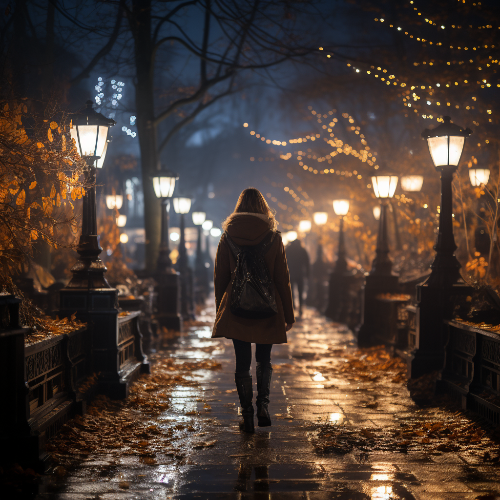 Solitary woman in park at night under lights.