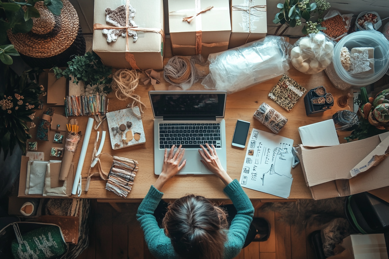 Solo entrepreneur in cozy, organized home workspace.