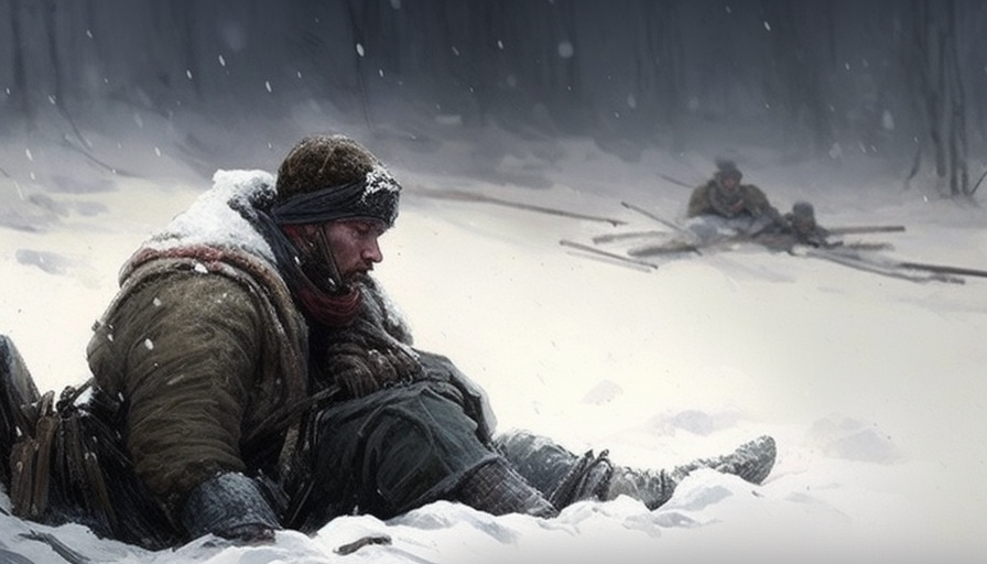 Somber French soldiers struggle in harsh winter battlefield.