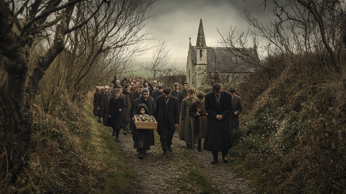 Somber Irish funeral procession in rural village - 16:9