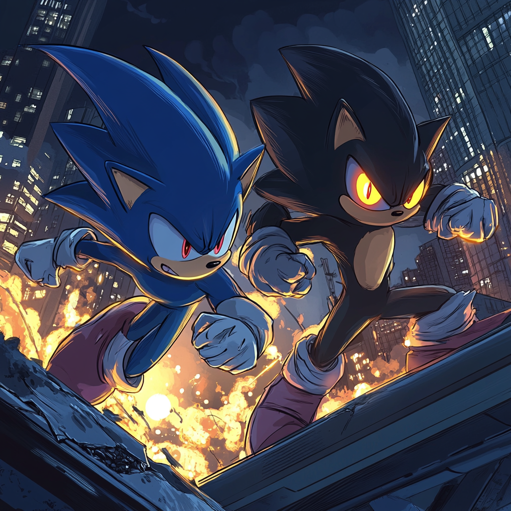 Sonic and Shadow transforming together in ruined city.