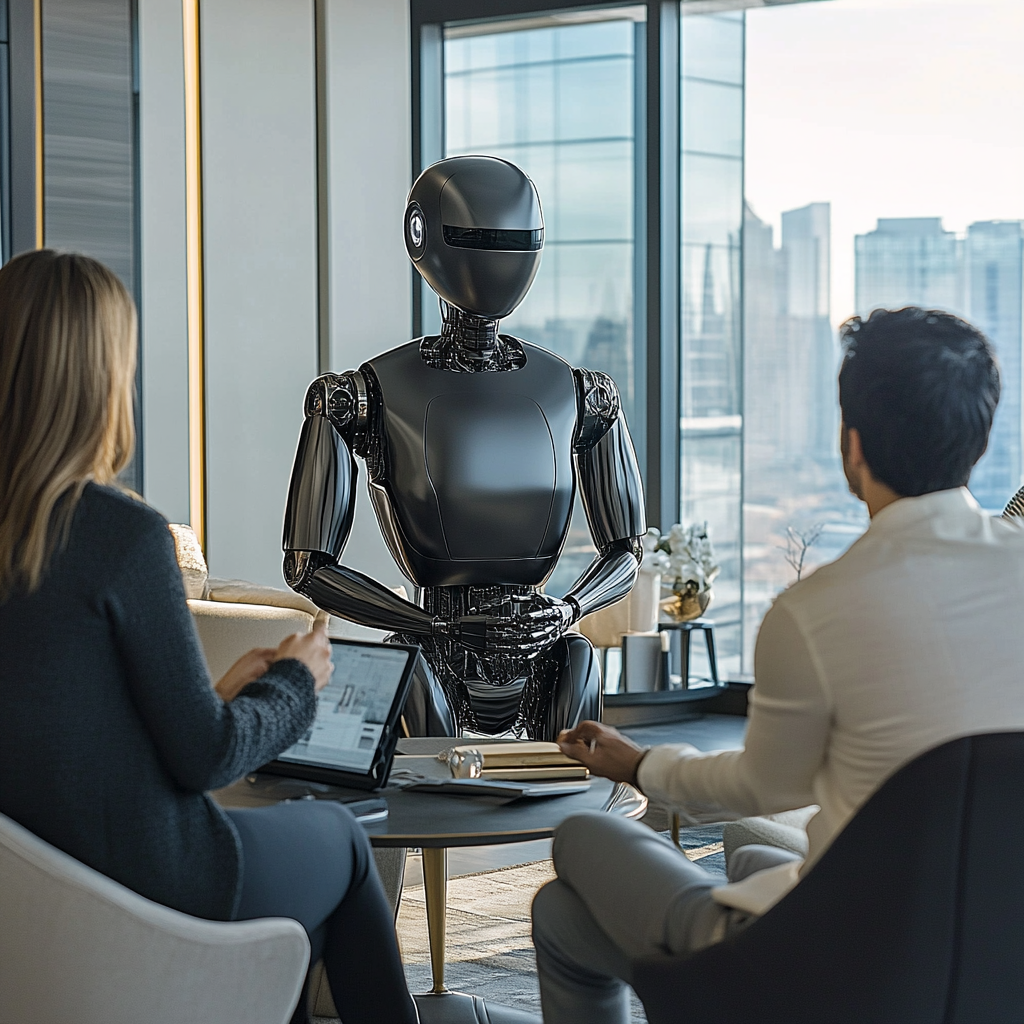 Sophisticated AI real estate consultant interacts with couple.