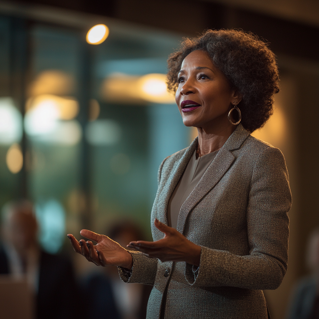 Sophisticated Black Speaker Addresses Corporate Audience Gracefully