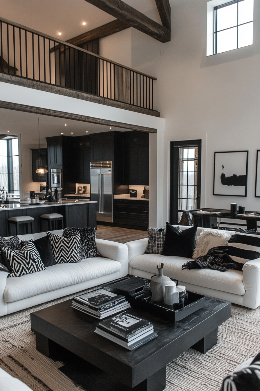 Sophisticated black and white living room design.