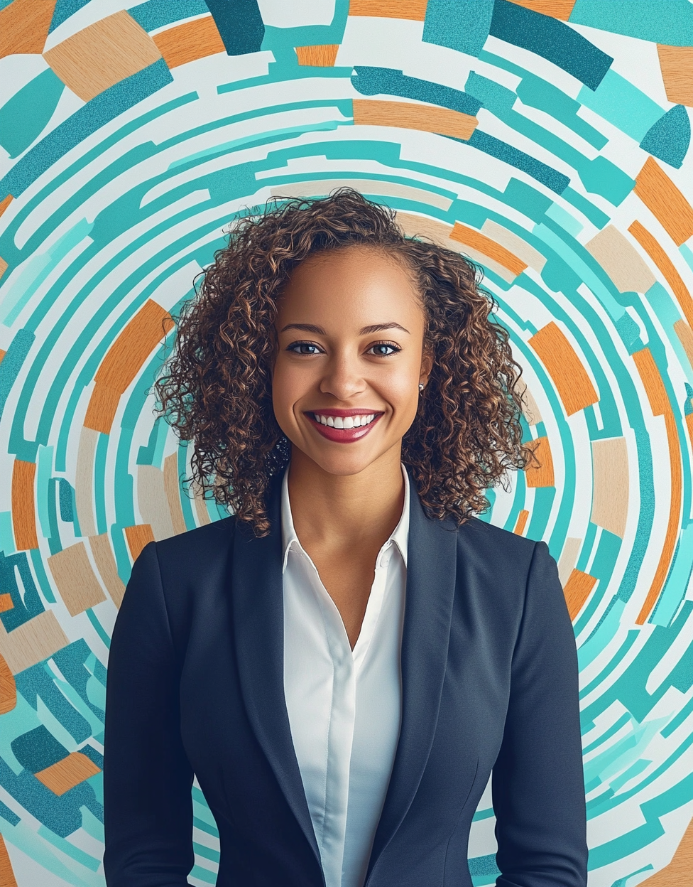 Sophisticated corporate woman in vibrant, dynamic backdrop