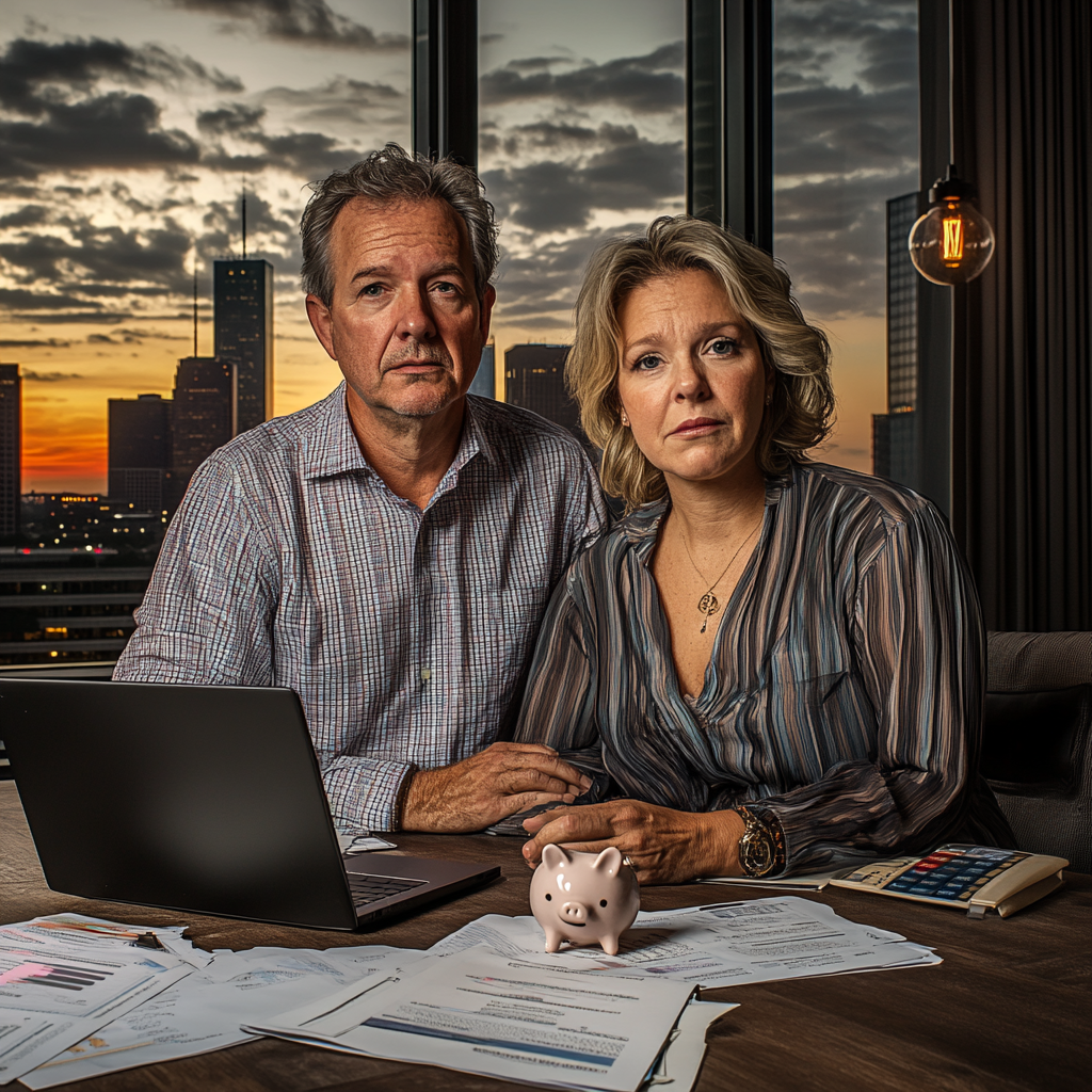 Sophisticated couple in home office with financial documents.