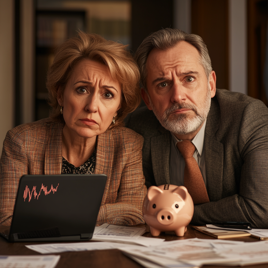 Sophisticated couple in their 50s, worried expressions, financial documents.