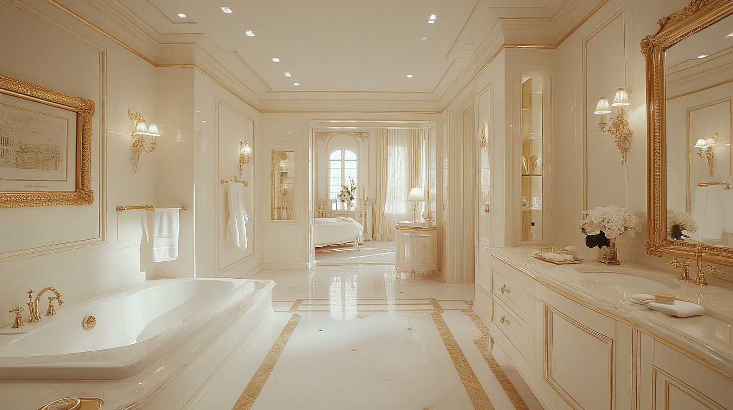 Sophisticated gold and white bathroom with elegant details.