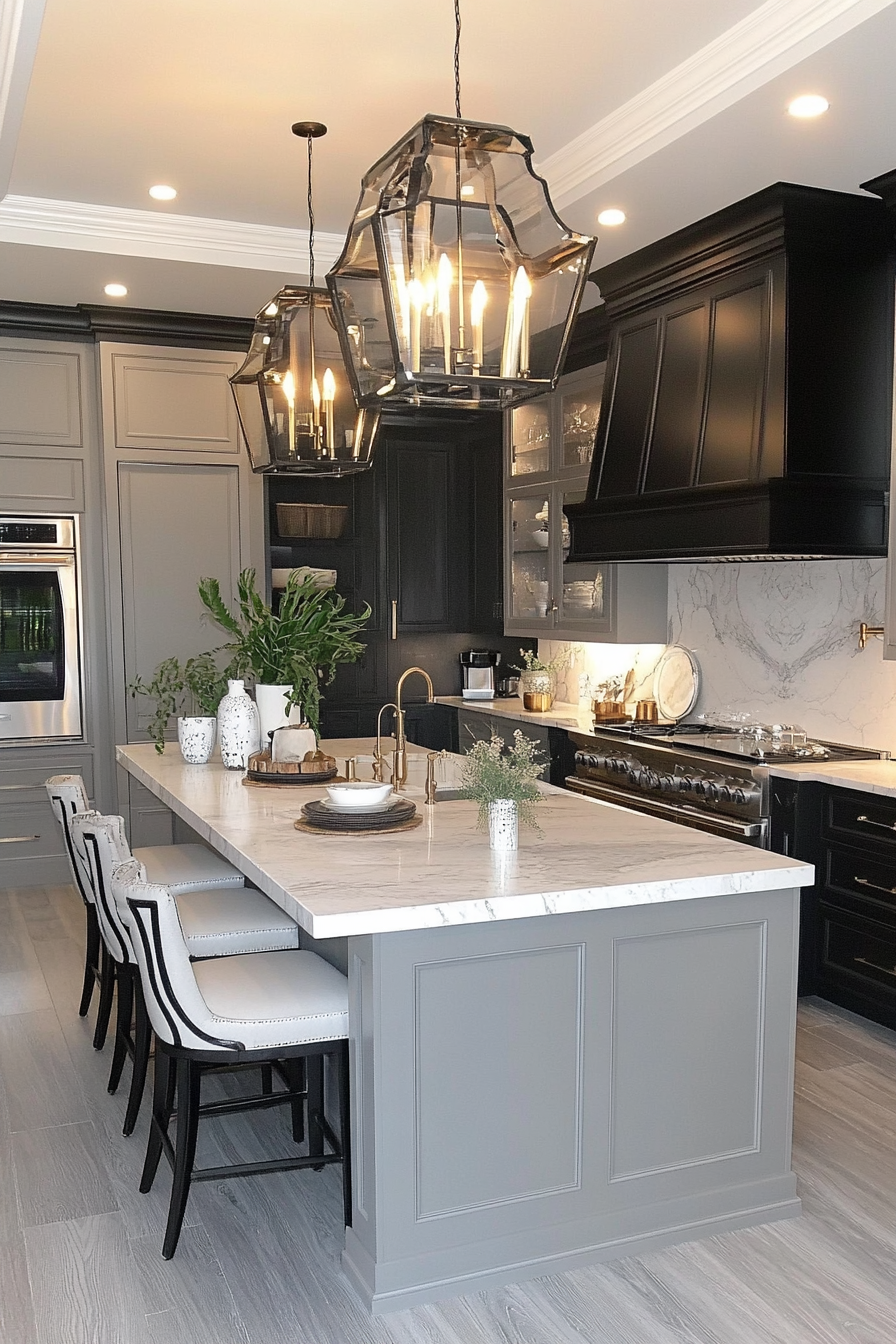 Sophisticated kitchen with gray cabinets and marble countertops.