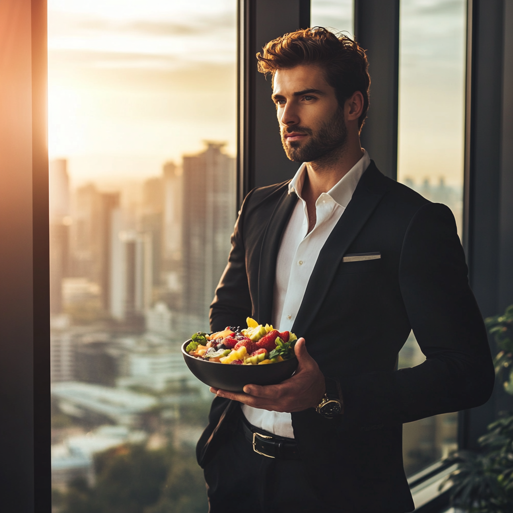 Sophisticated man in penthouse holding colorful smoothie bowl.