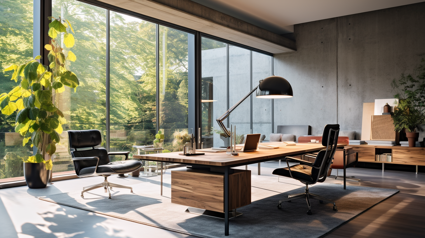 Sophisticated management office with elegant desk and chairs.