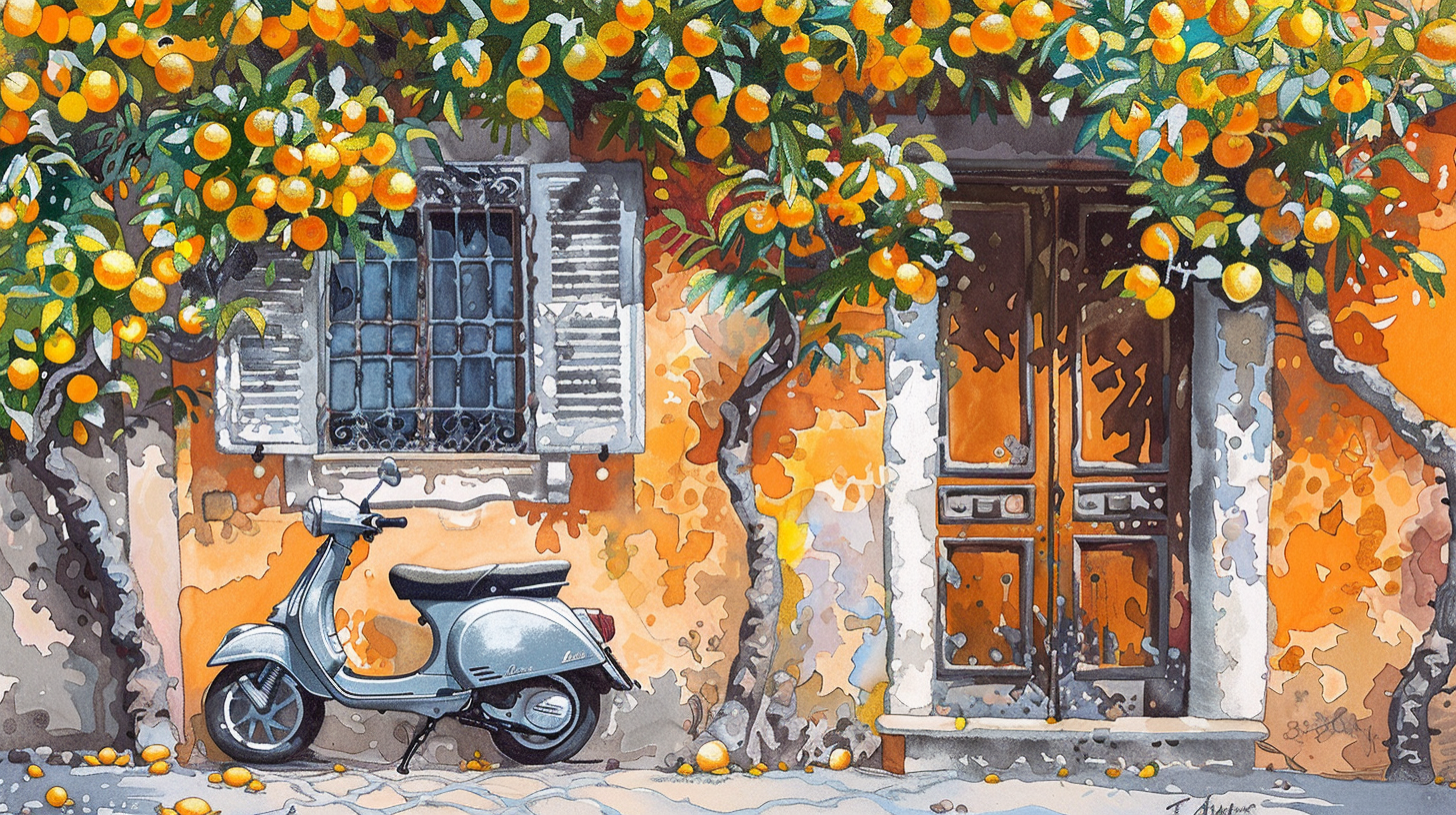 Sorrento house with lemon trees, Vespa, Italian streetscape-inspired.