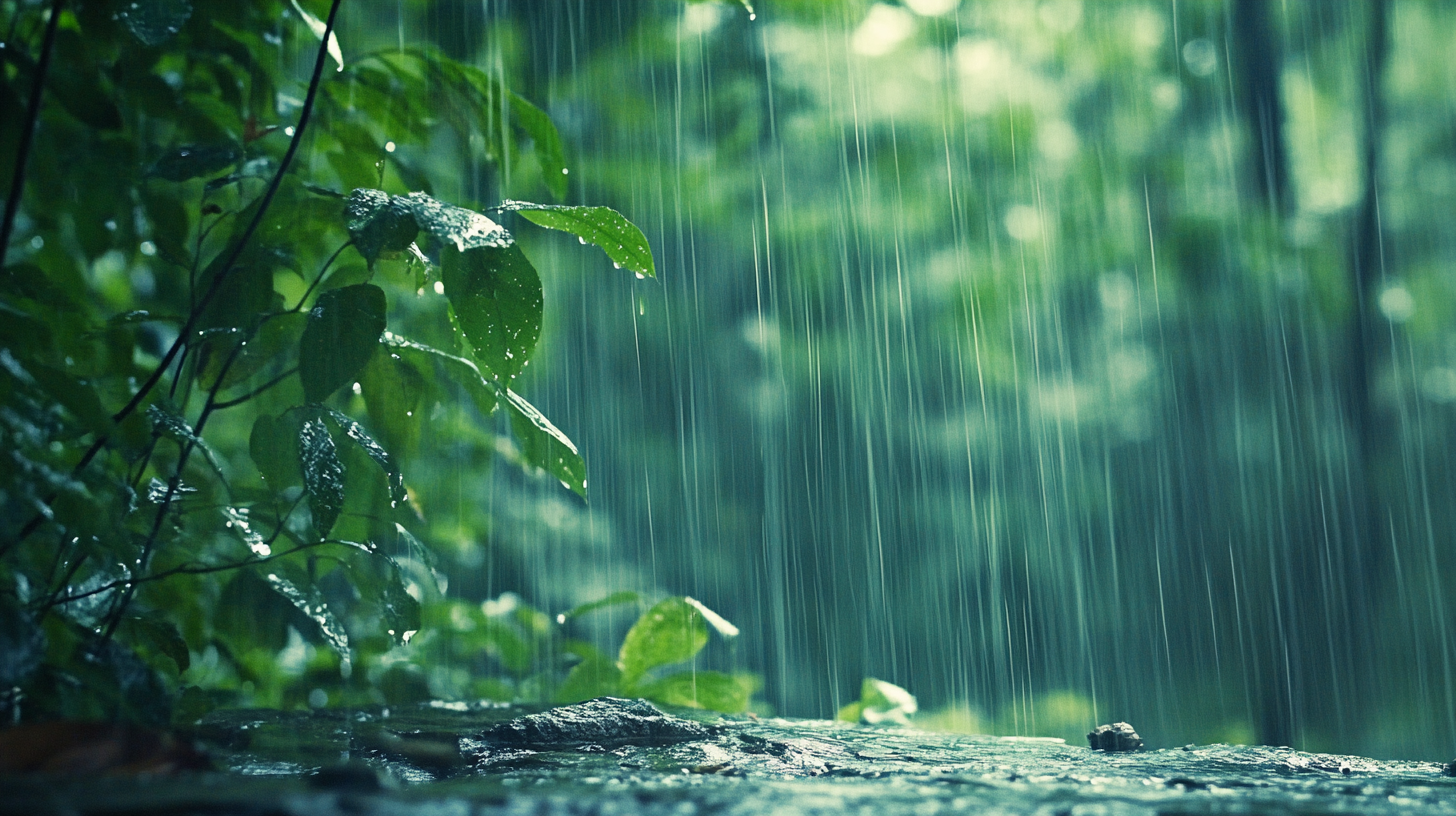 Soundscape of rain falling on leaves in tranquil forest.