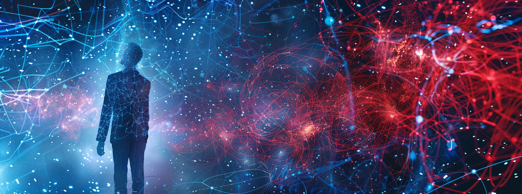 Source connected consciousness, quantum field, red/blue computer wireframe.