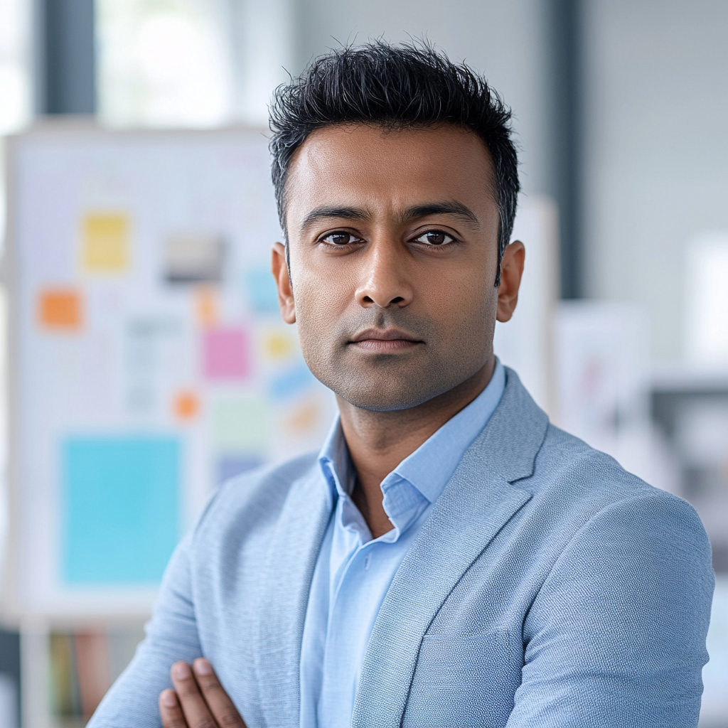 South Asian man mid-30s, office, marketing materials, brainstorming.