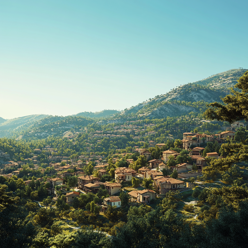 Southern European city on mountain side with houses, trees.