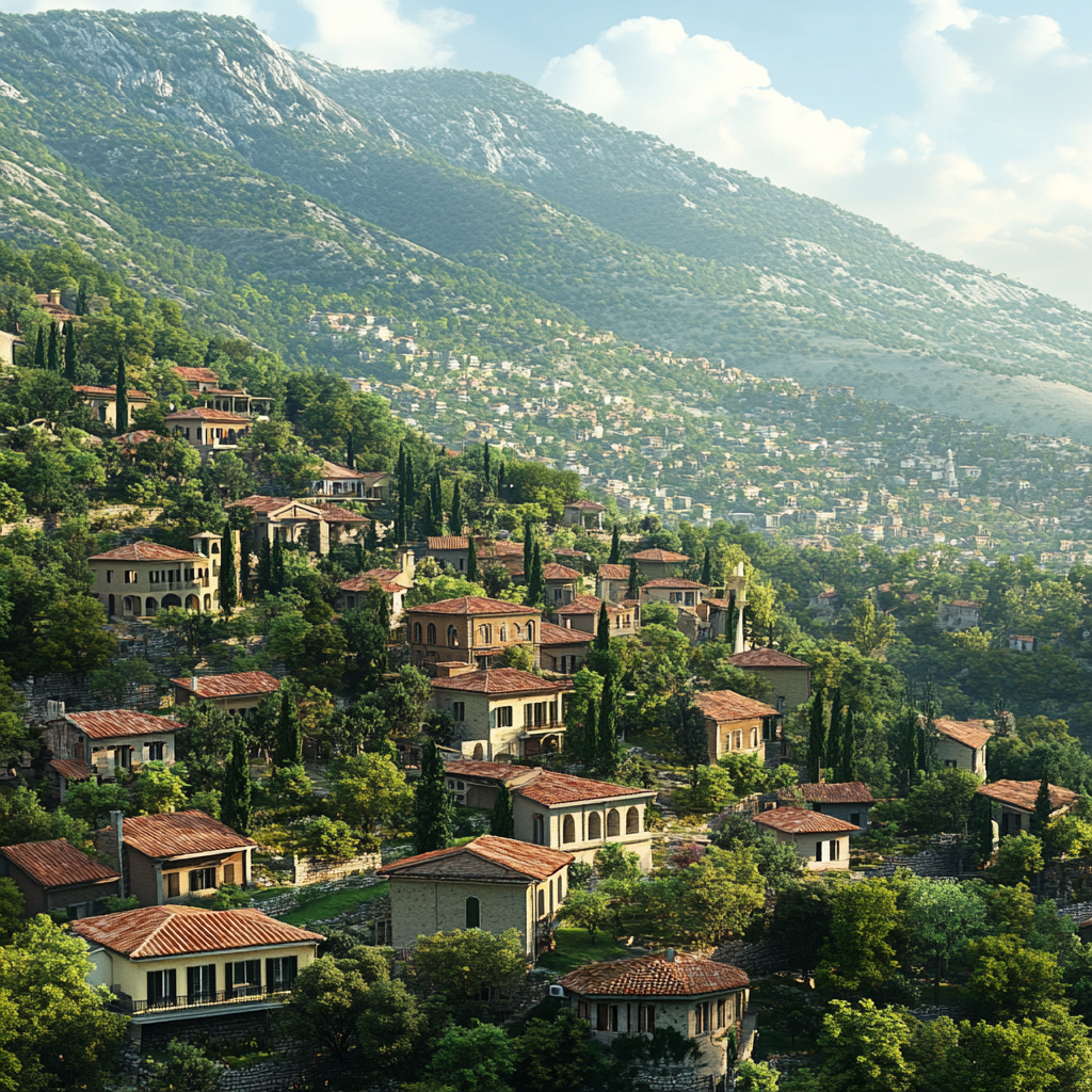 Southern European city on mountain side with trees and houses.