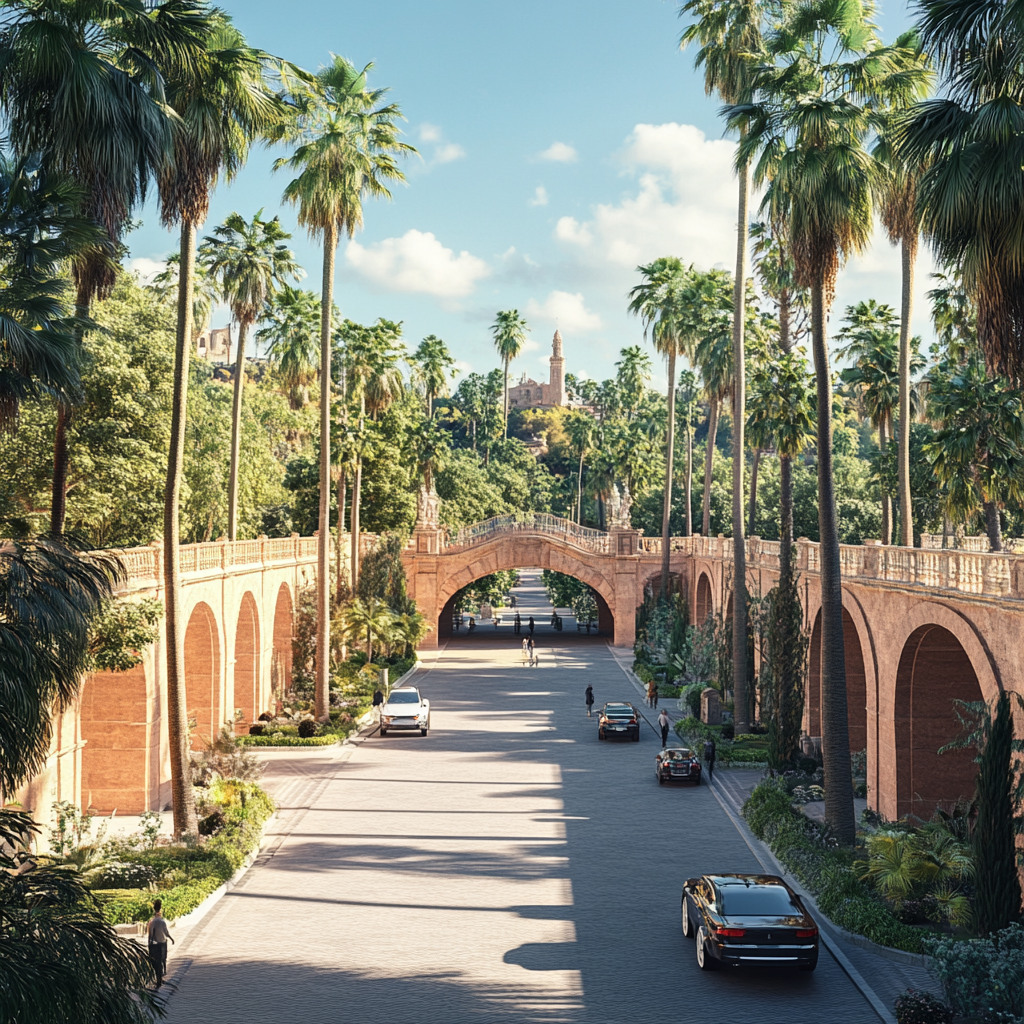 Southern European park with bridges, historical, cars, people walking