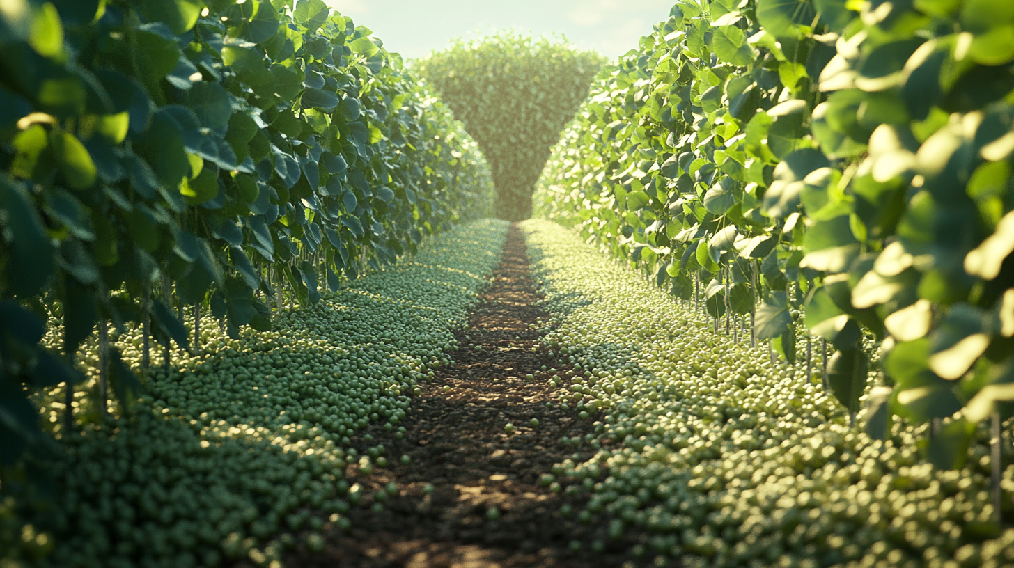 Soybean plants form wall in symmetrical plantation, high resolution.