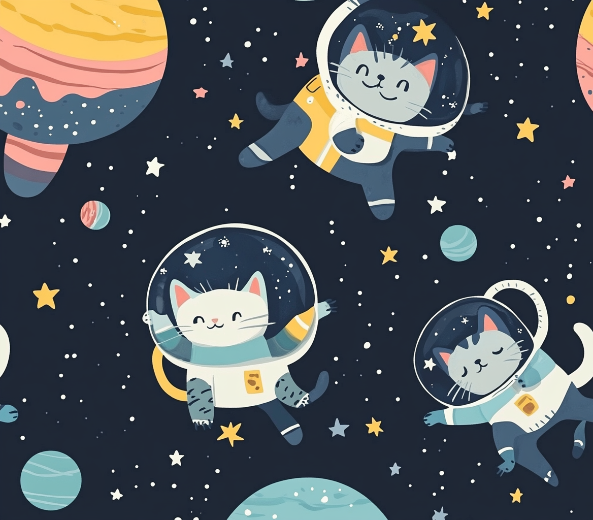 Space cats in space suits floating among stars and planets.