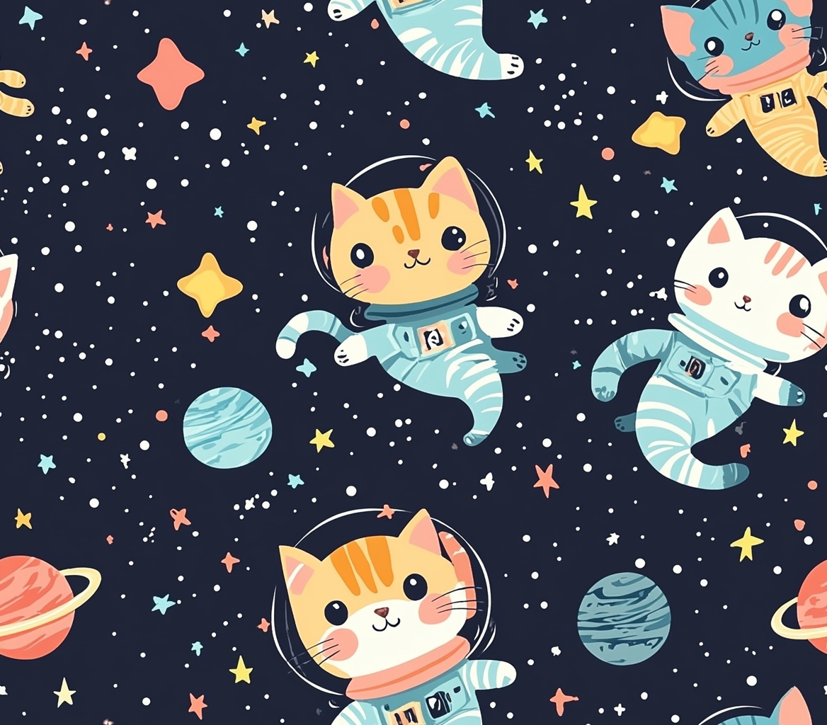 Space cats in spacesuits floating among stars and planets