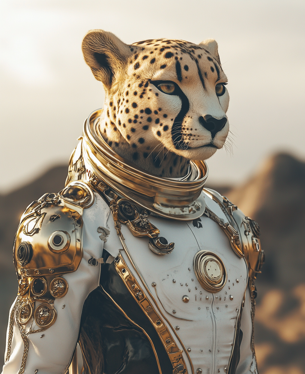 Space-faring cheetah queen wearing advanced royal attire.