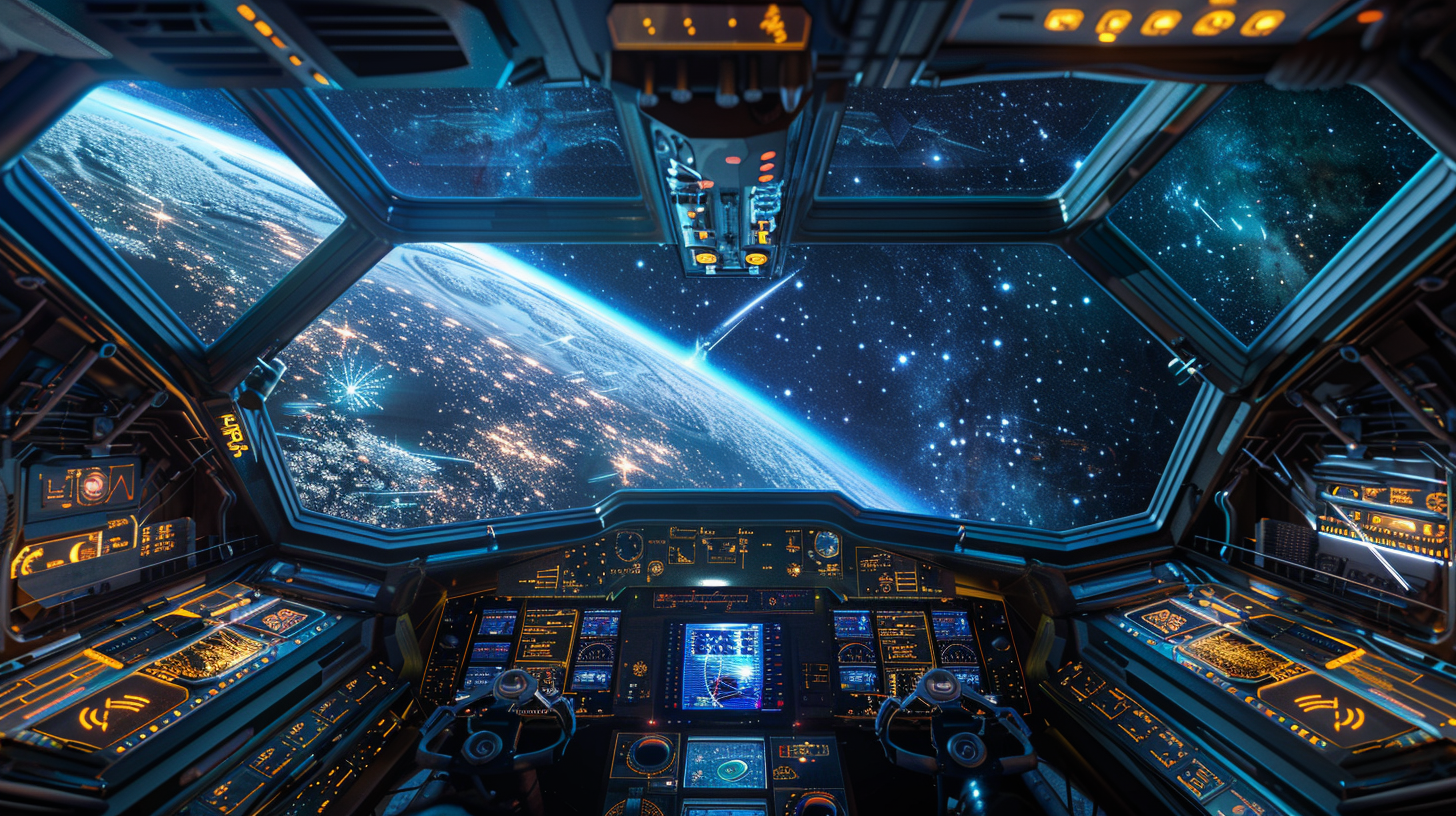 Spaceship cockpit view with big digital dashboards, milky way.