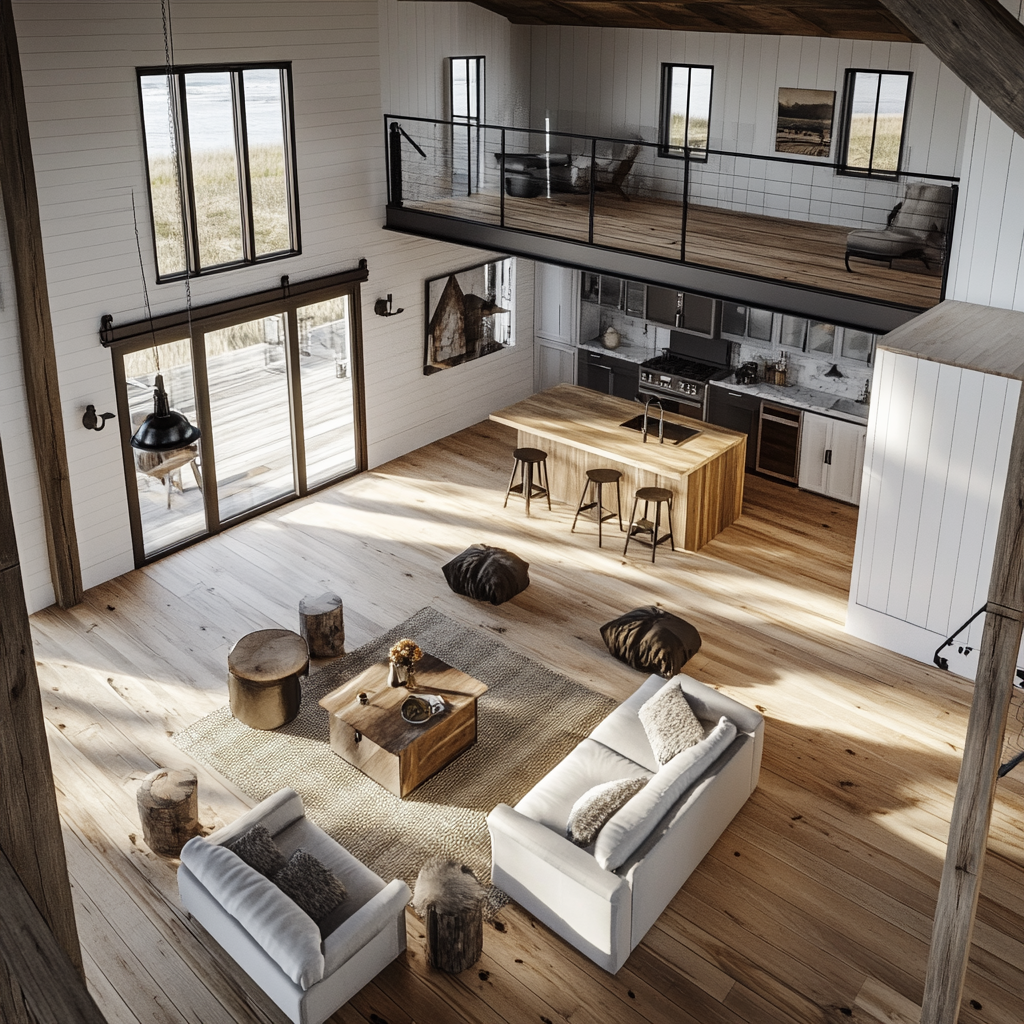 Spacious interior with minimal walls in barndominium floor plan.