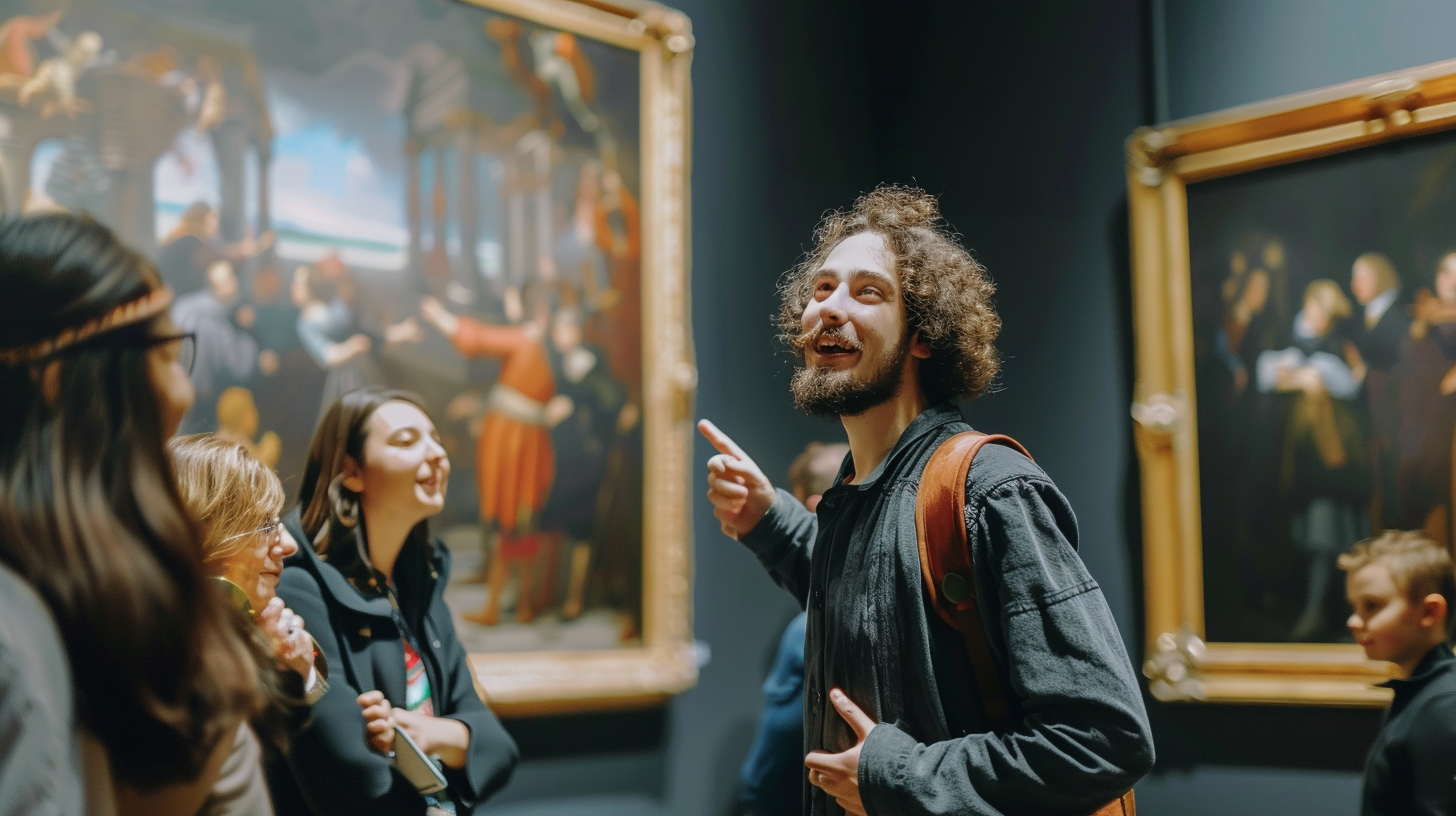 Spanish Museum Guide Happy Explaining Painting to Group