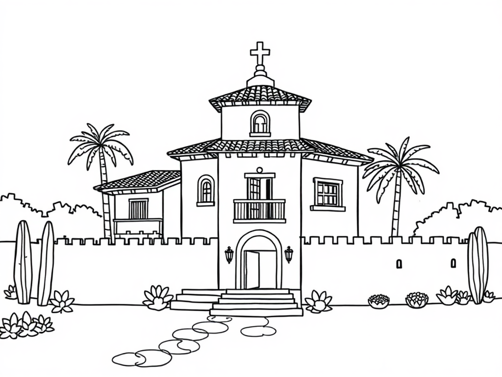 Spanish Villa Coloring Book Outline with Sharp Lines