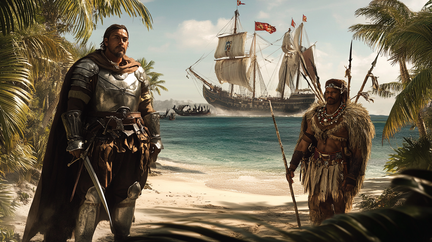 Spanish explorer and Indian warrior on tropical beach.