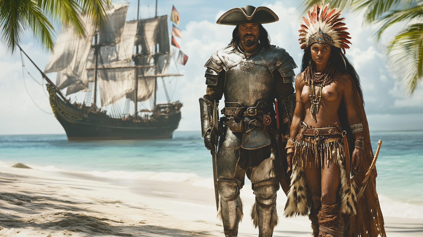 Spanish explorer in armor with Indian warrior on beach.